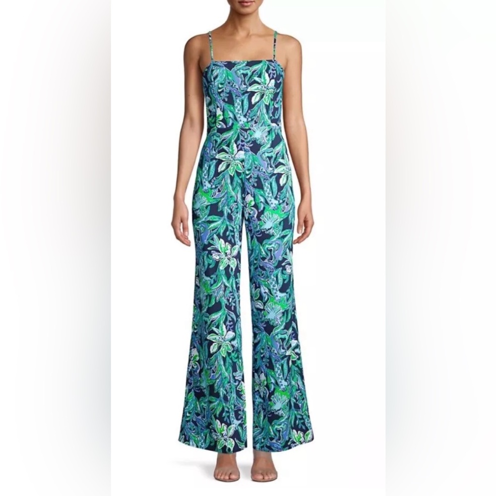 Lily Pulitzer NILA Blue/Greens Fun Summer JUMP SUIT Lily/Giraffe Print Sash SZ 8